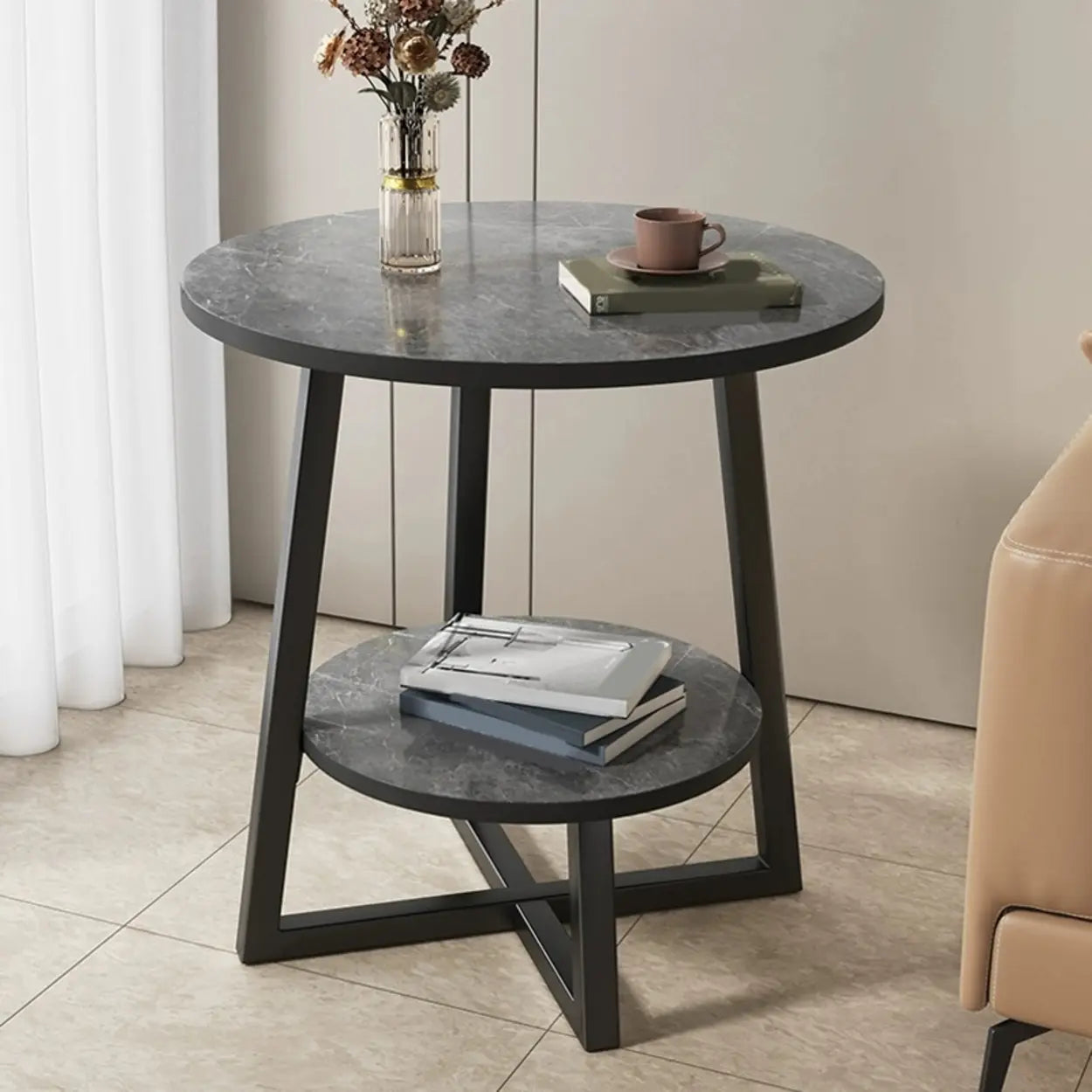 Cross Legs End Table with Storage Shelf — Black / White
