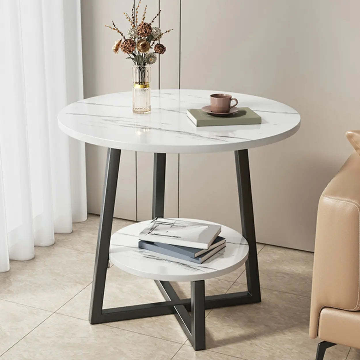 Cross Legs End Table with Storage Shelf — Gold / White