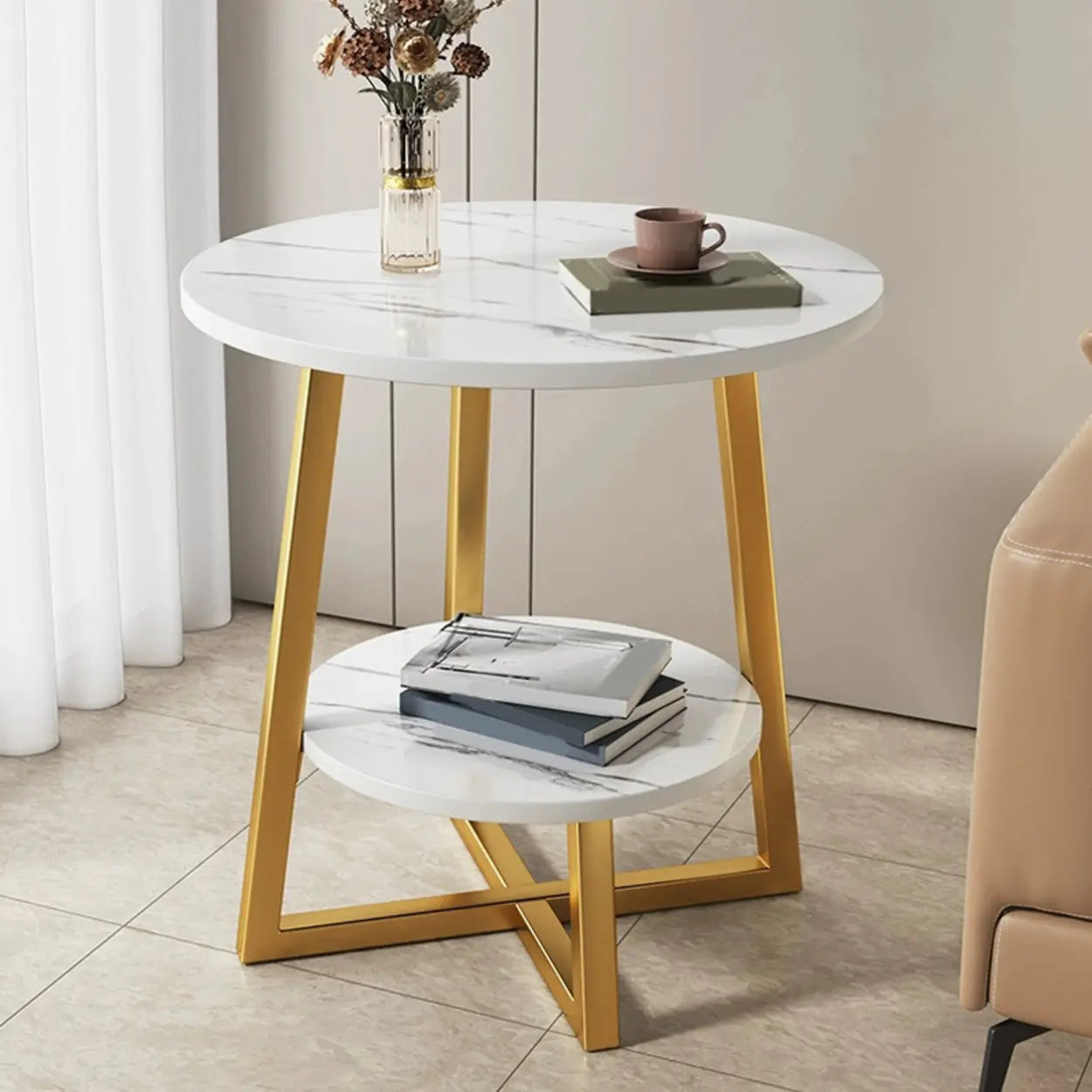 Cross Legs End Table with Storage Shelf — Black / White