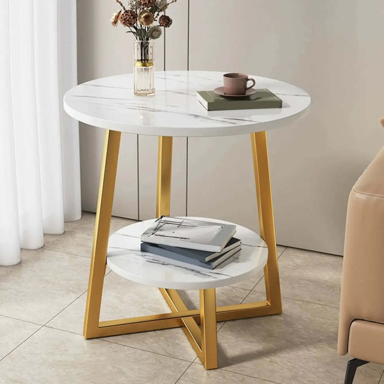 Cross Legs End Table with Storage Shelf — Black / White
