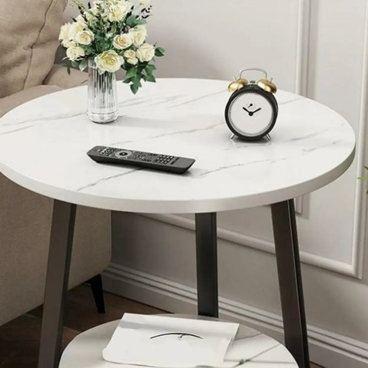 Cross Legs End Table with Storage Shelf — Gold / White