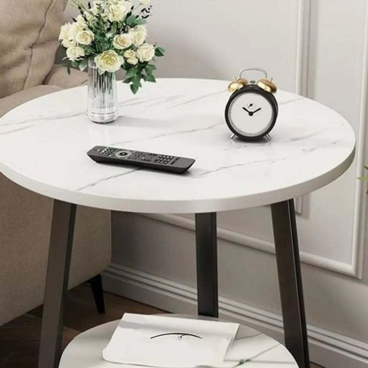 Cross Legs End Table with Storage Shelf — Gold / White