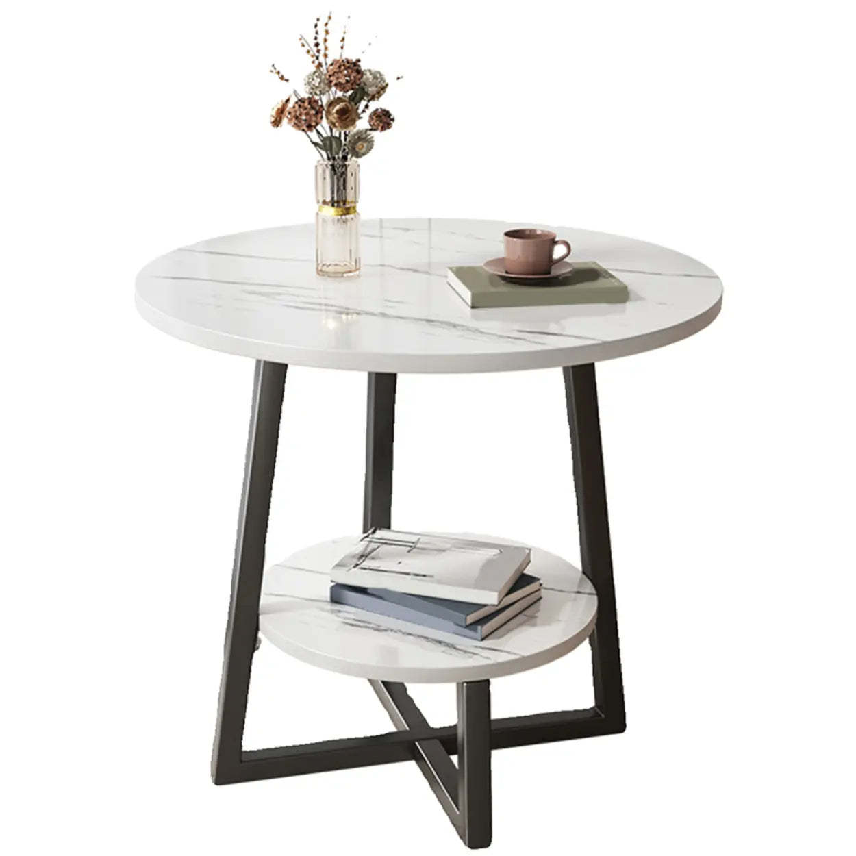 Cross Legs End Table with Storage Shelf — Black / Black
