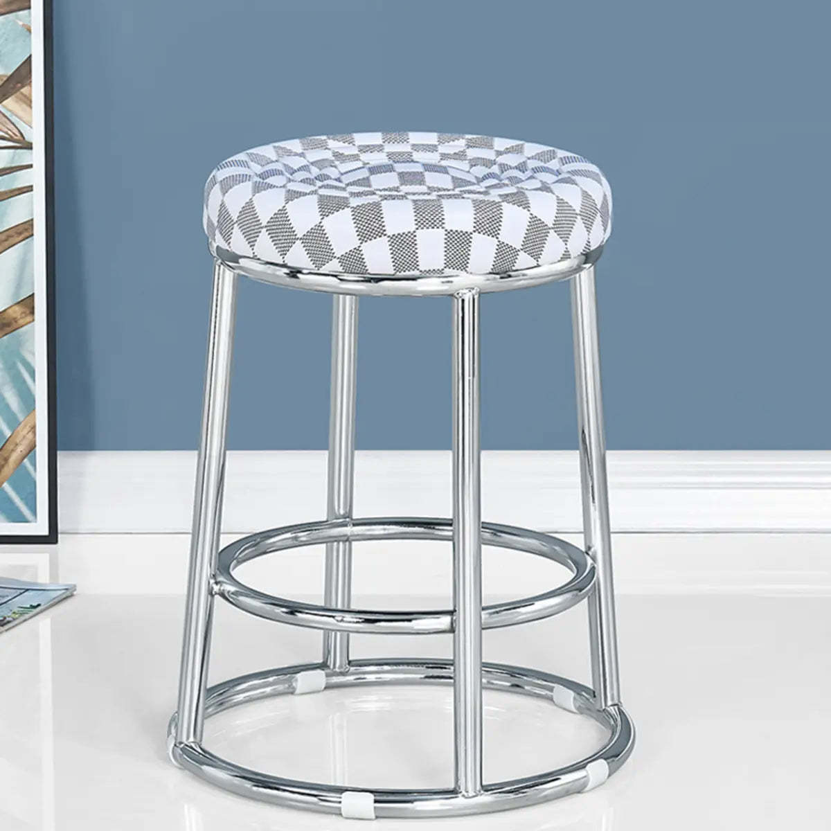 Round Cushioned Metal Backless Black Bar Stool — Blue