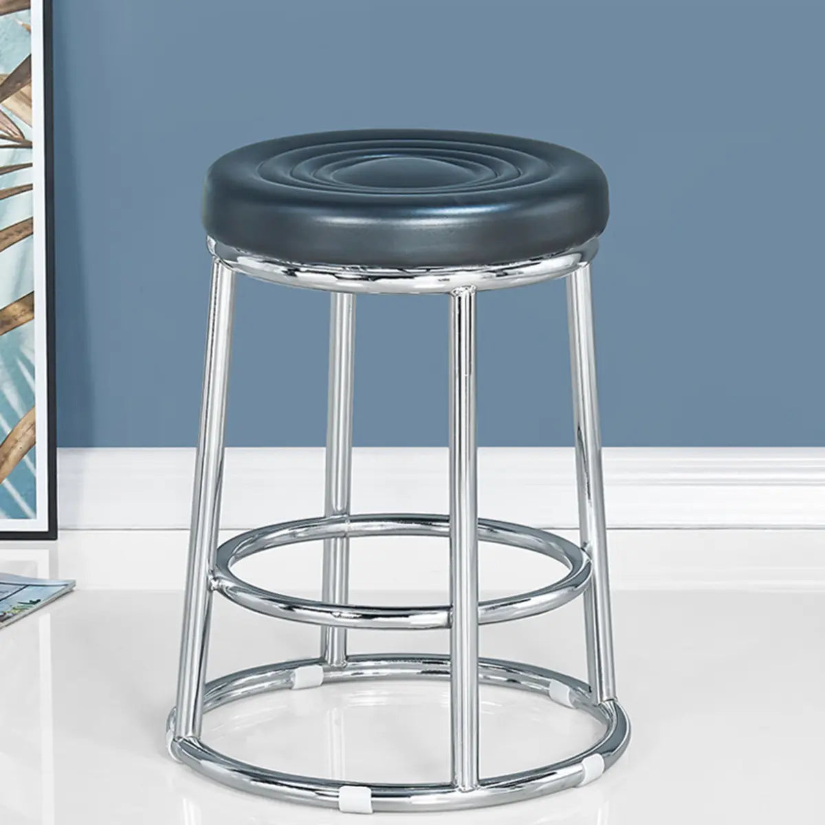 Round Cushioned Metal Backless Black Bar Stool — Blue