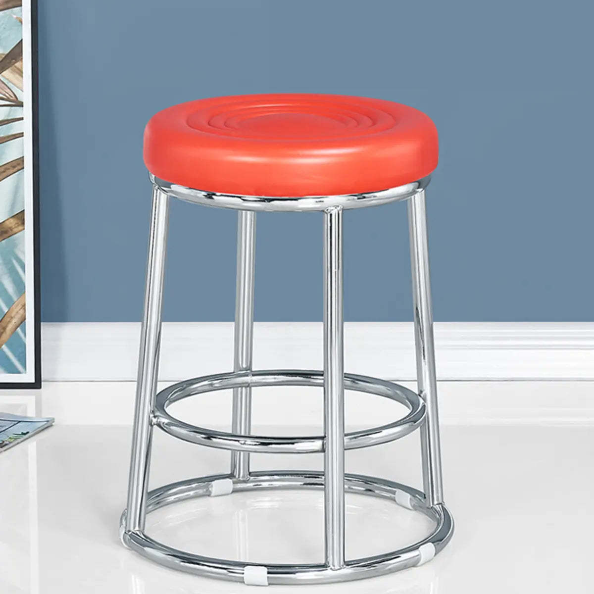 Round Cushioned Metal Backless Black Bar Stool — Brown
