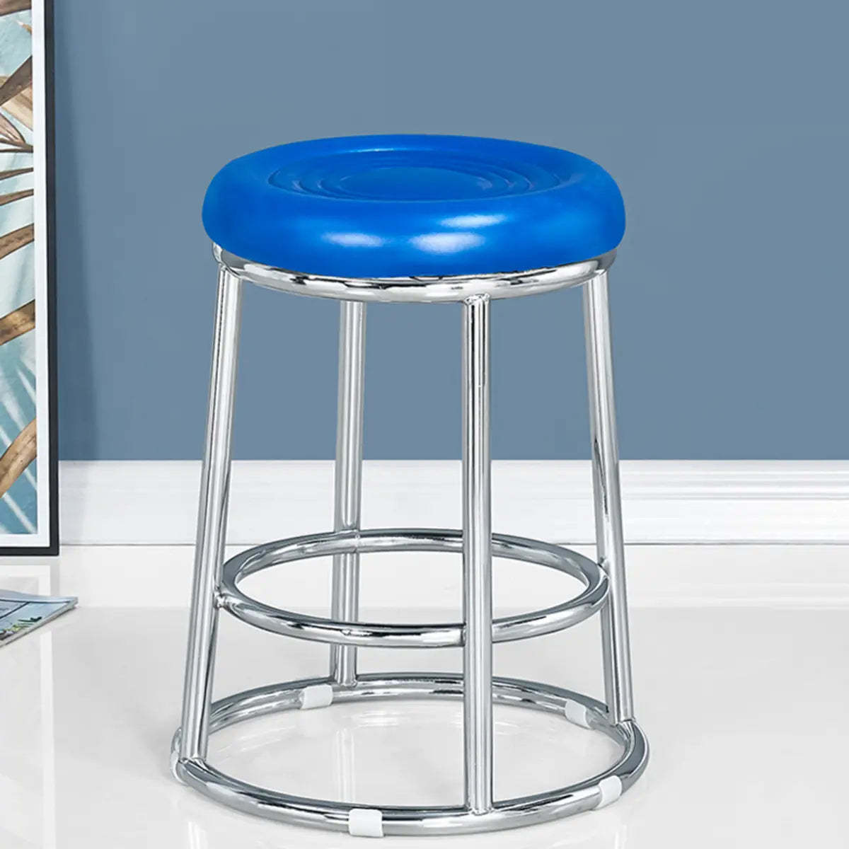 Round Cushioned Metal Backless Black Bar Stool — Brown