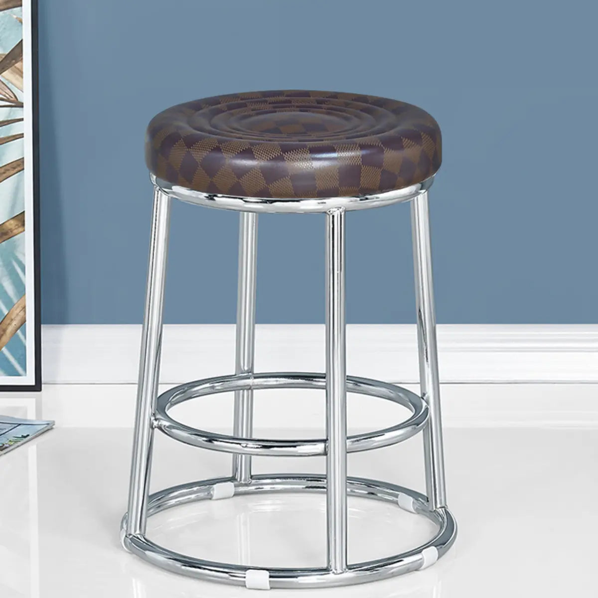 Round Cushioned Metal Backless Black Bar Stool — Brown