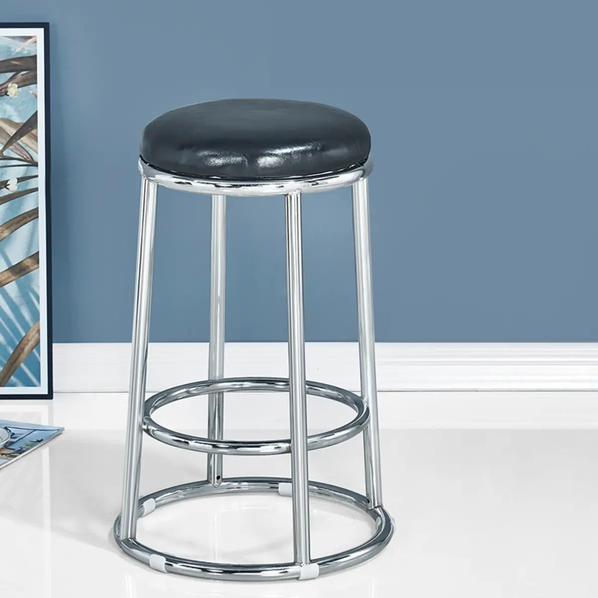Round Cushioned Metal Backless Black Bar Stool — Gray-White