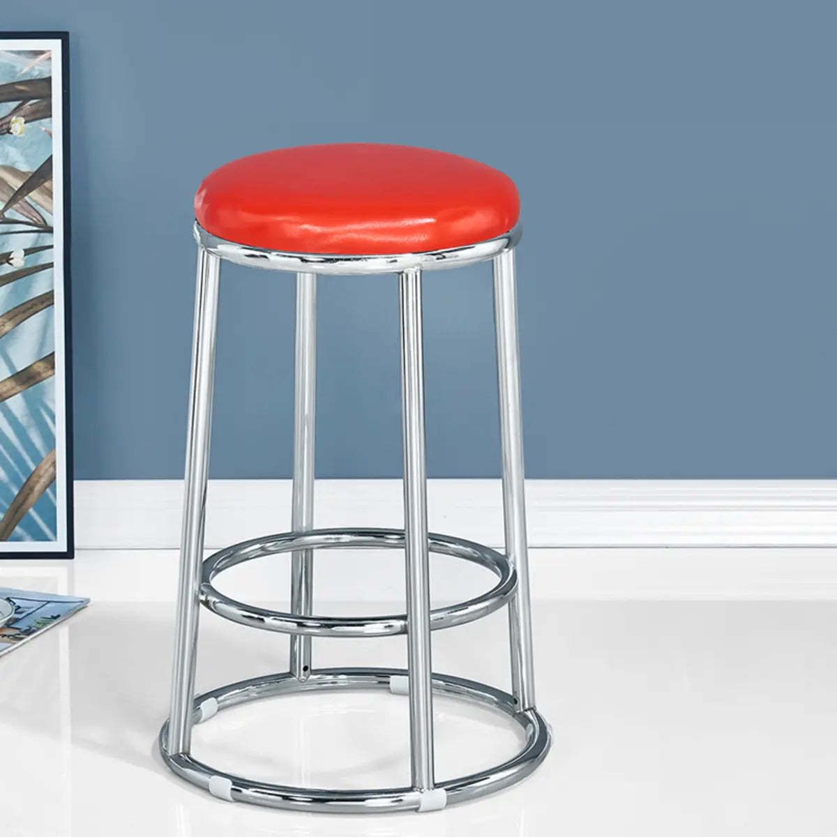Round Cushioned Metal Backless Black Bar Stool — Gray-White