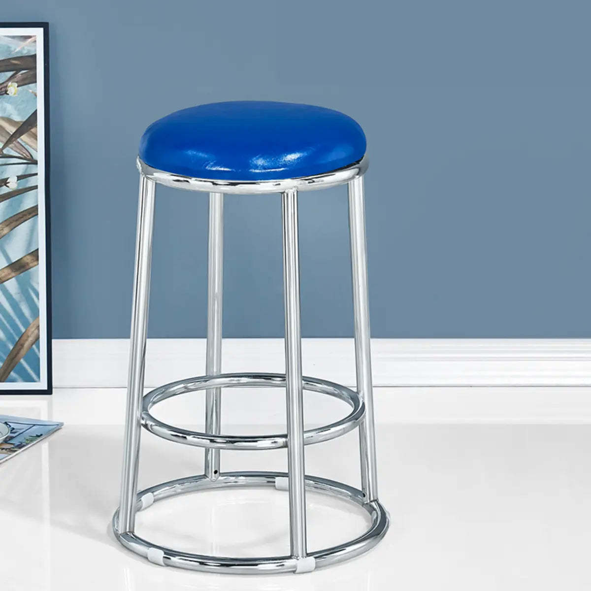 Round Cushioned Metal Backless Black Bar Stool — Red