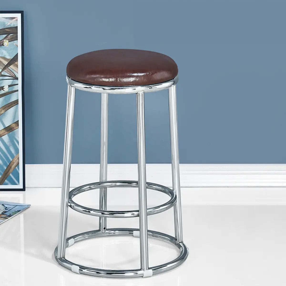 Round Cushioned Metal Backless Black Bar Stool — Red