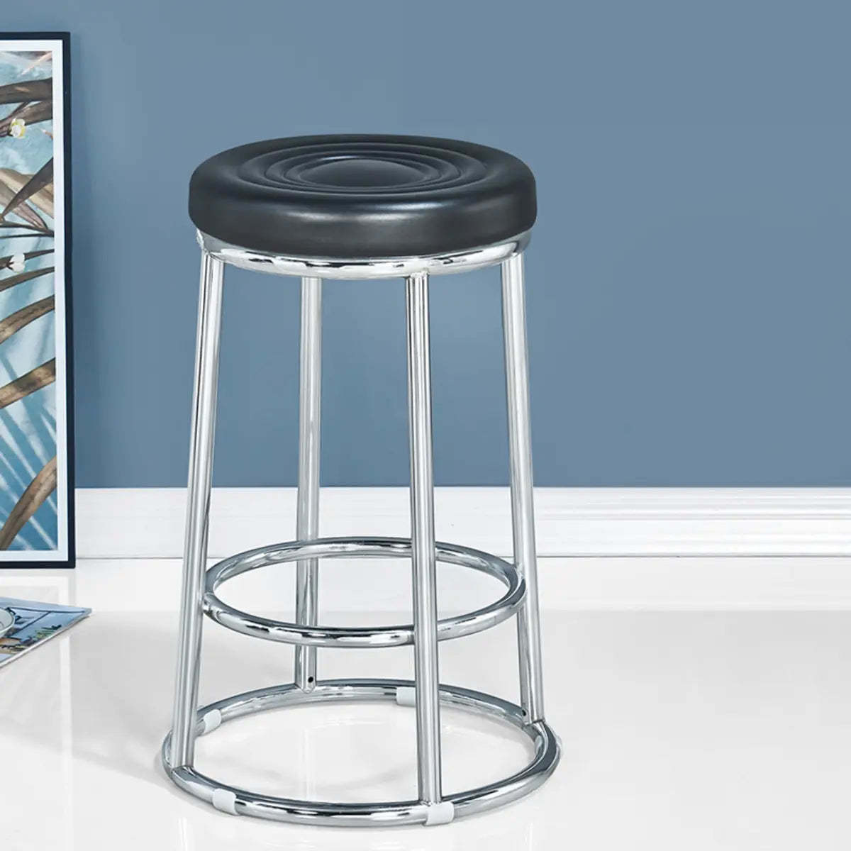 Round Cushioned Metal Backless Black Bar Stool — Red