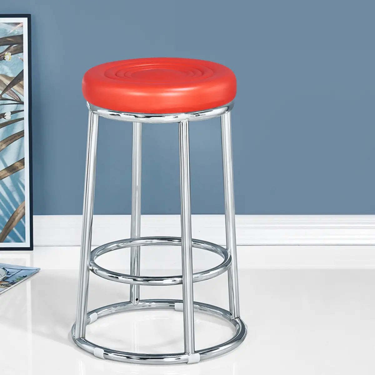 Round Cushioned Metal Backless Black Bar Stool — Red