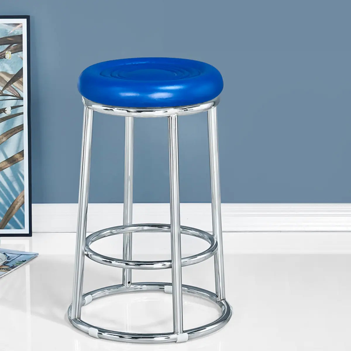 Round Cushioned Metal Backless Black Bar Stool — Red