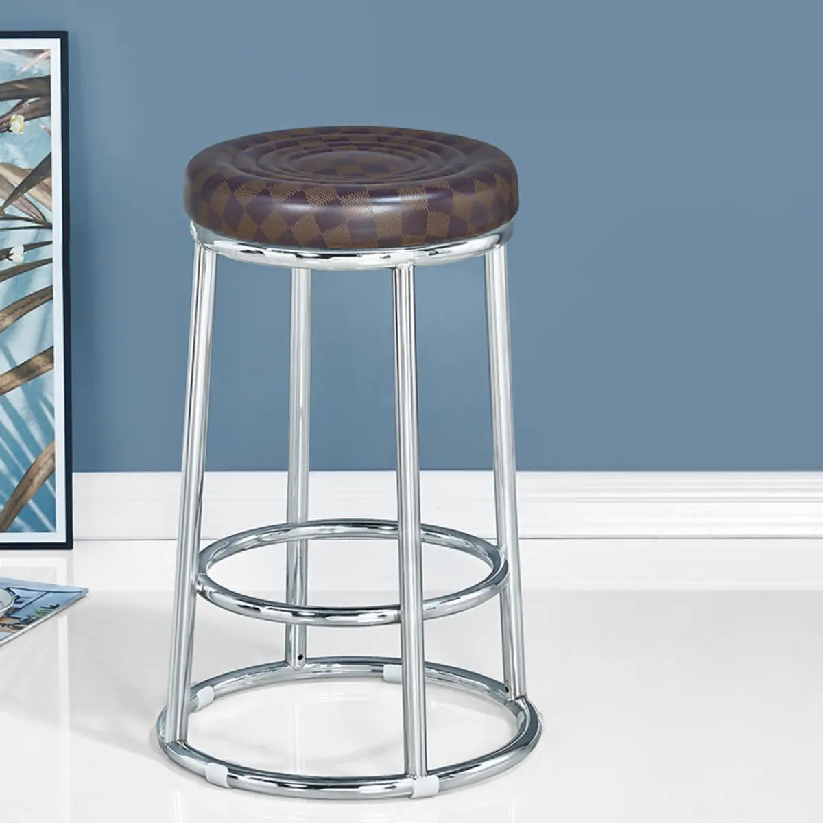 Round Cushioned Metal Backless Black Bar Stool — Red
