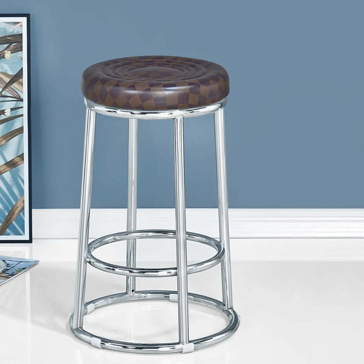 Round Cushioned Metal Backless Black Bar Stool — Red