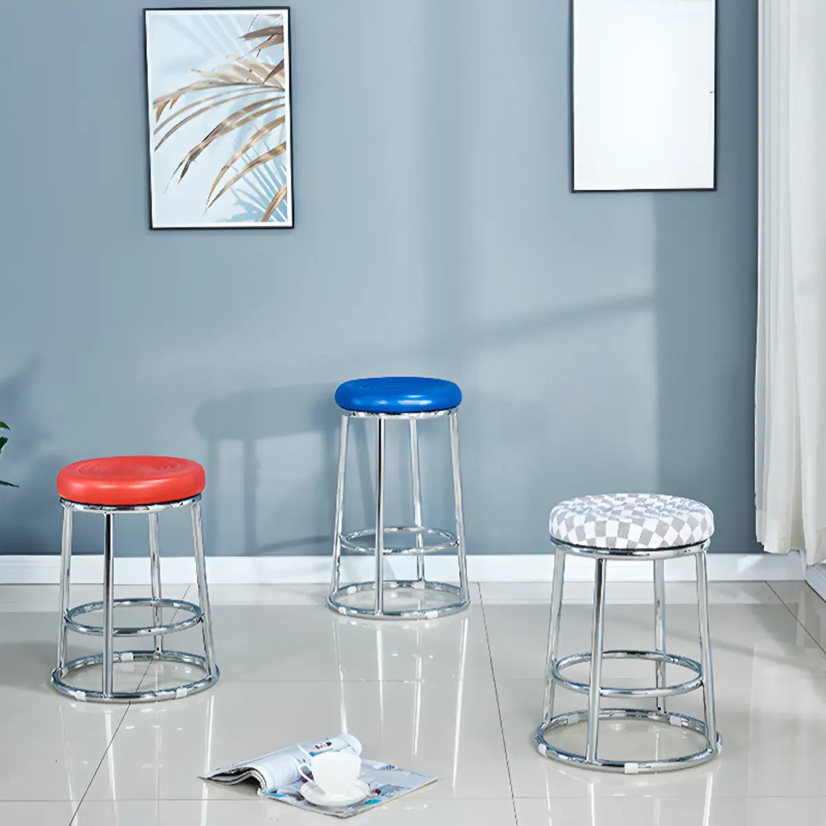 Round Cushioned Metal Backless Black Bar Stool — Black