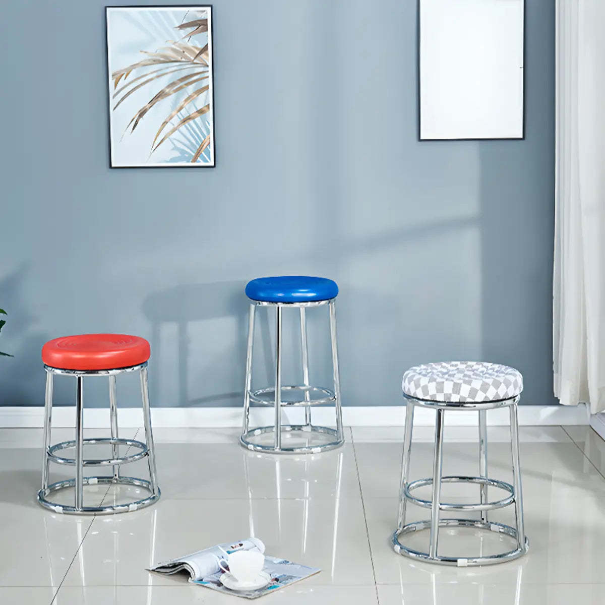 Round Cushioned Metal Backless Black Bar Stool — Black