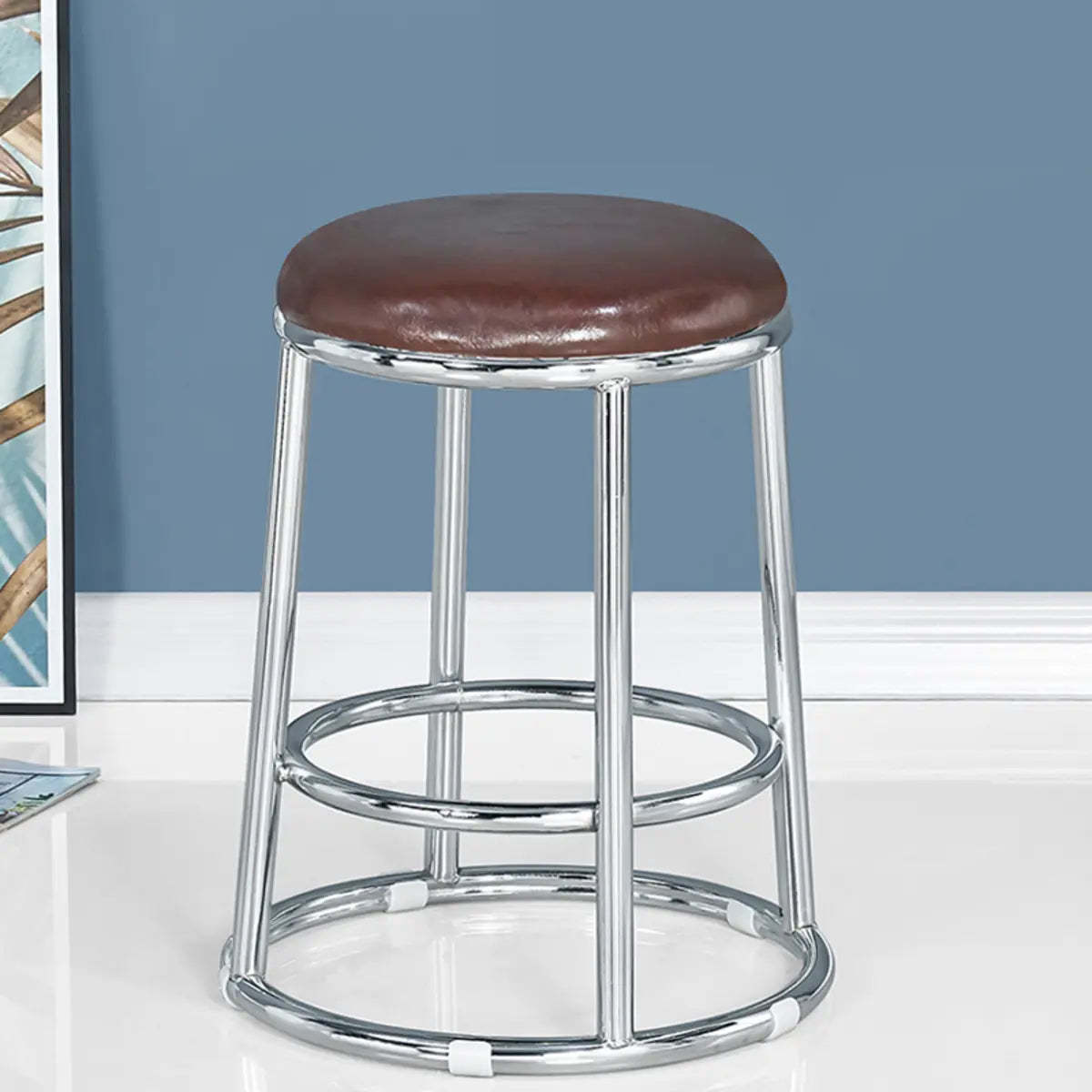 Round Cushioned Metal Backless Black Bar Stool — Blue