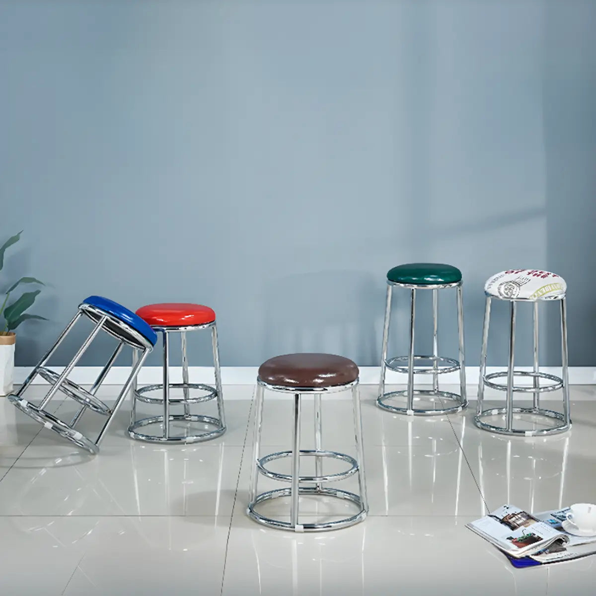 Round Cushioned Metal Backless Black Bar Stool — Blue