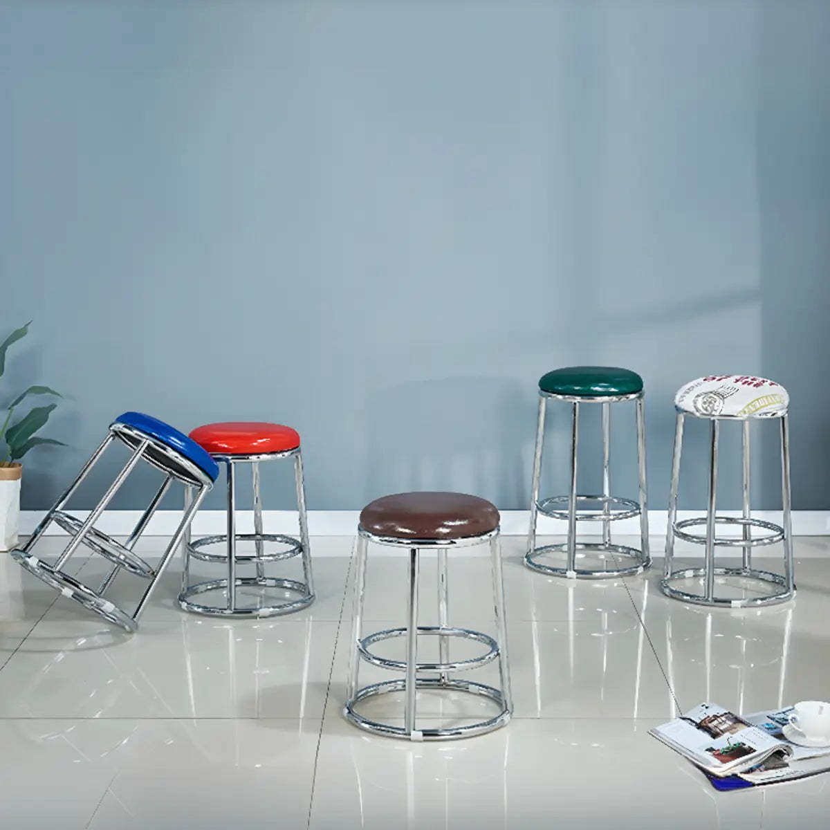 Round Cushioned Metal Backless Black Bar Stool — Blue