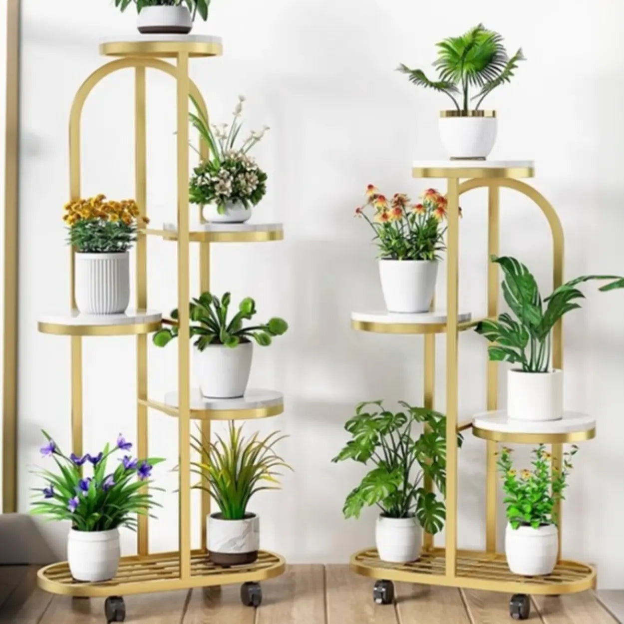 Round Faux Marble Arched Plant Stand with Wheels