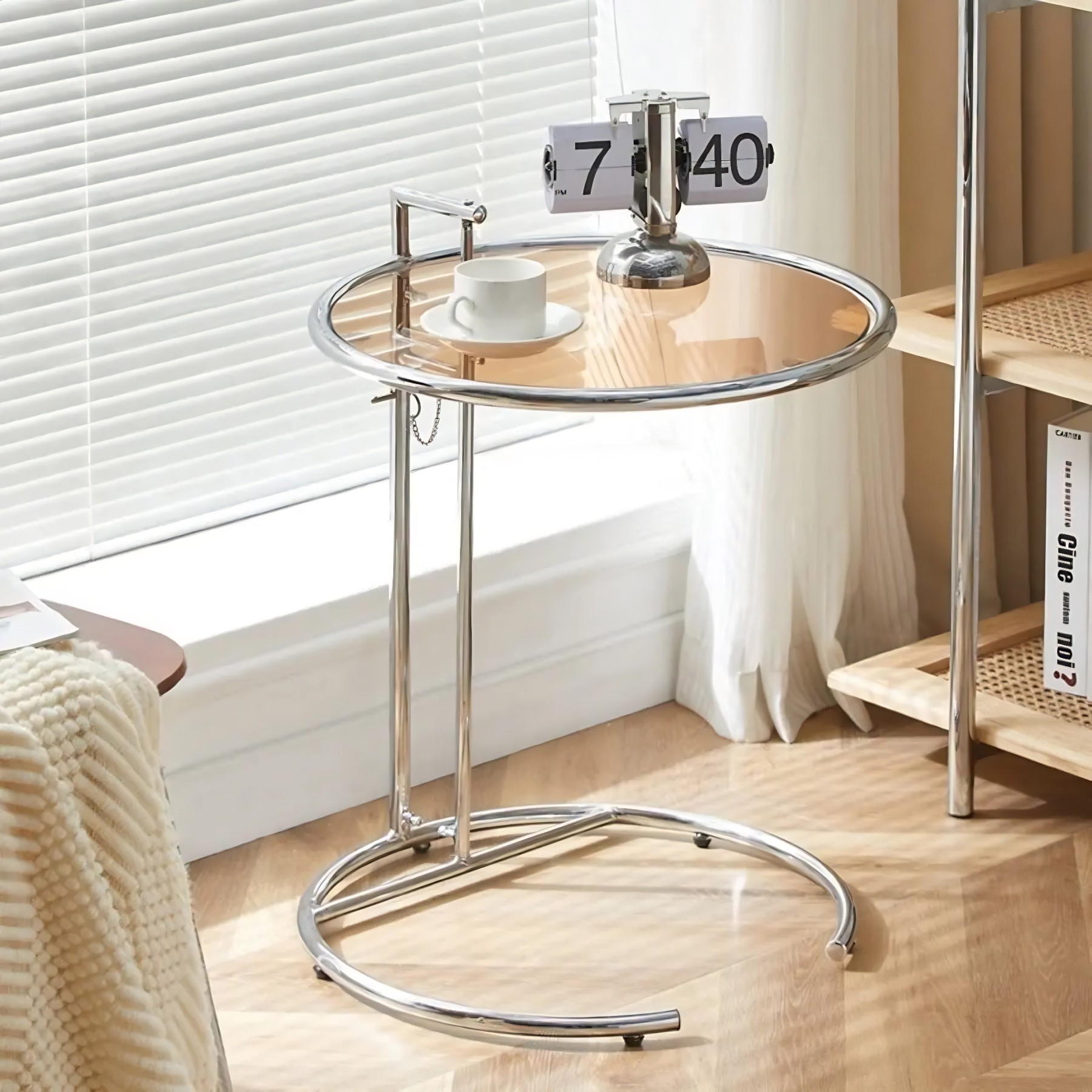 Round Glass Adjustable C-Shaped End Table