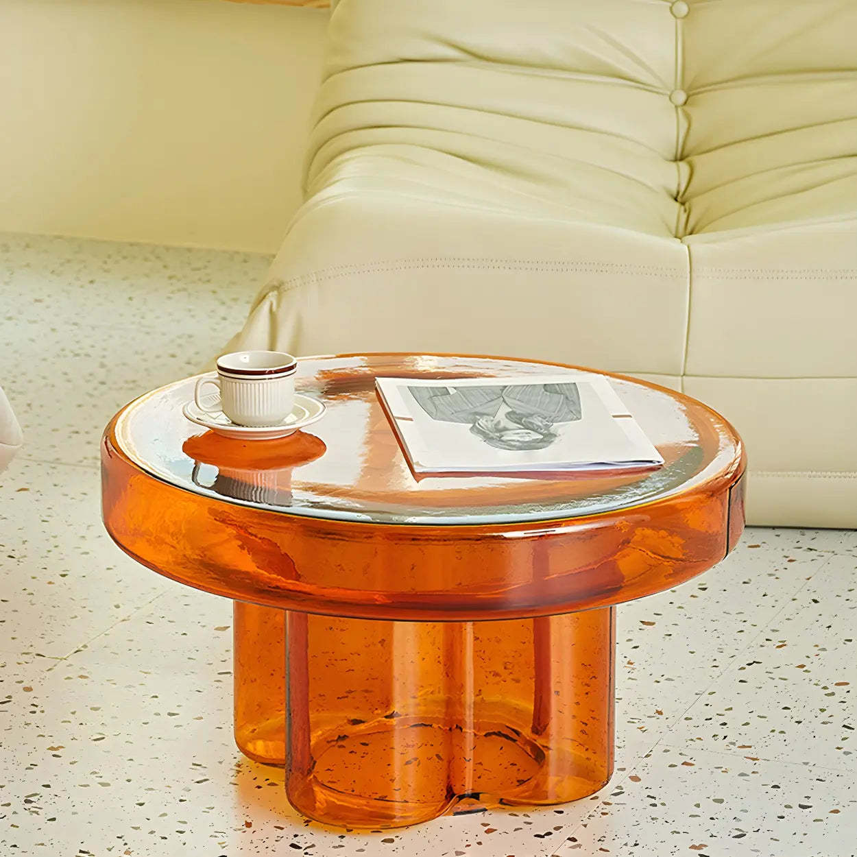 Round Green Glass Decorative Pedestal Side Table — Pewter / 1