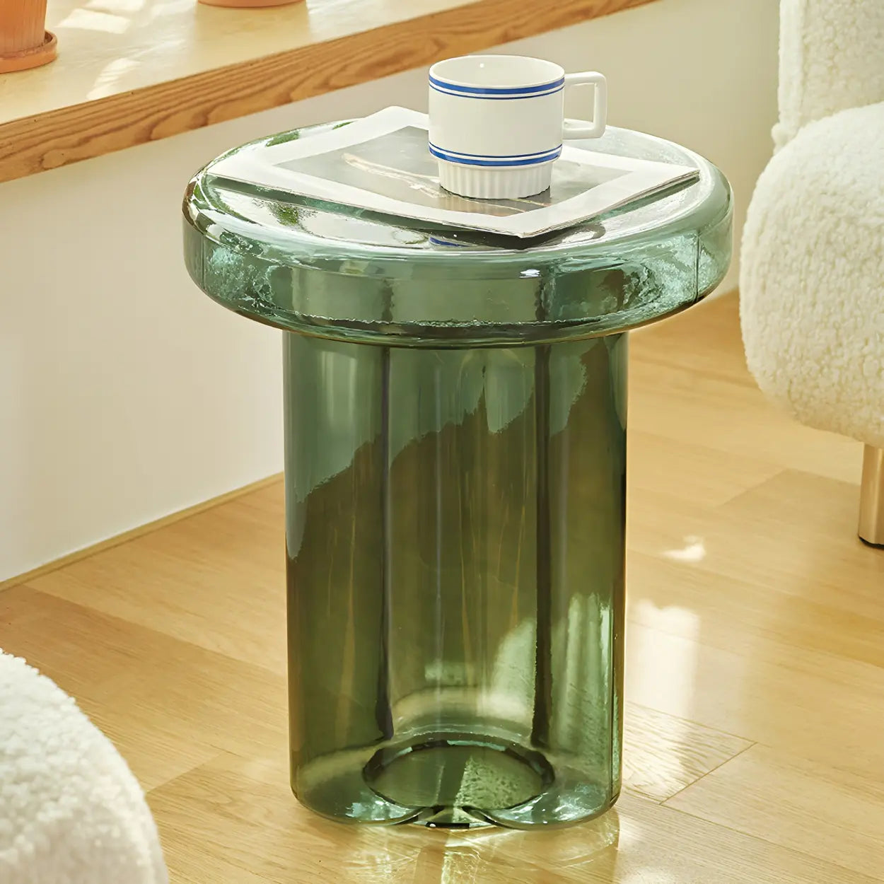 Round Green Glass Decorative Pedestal Side Table
