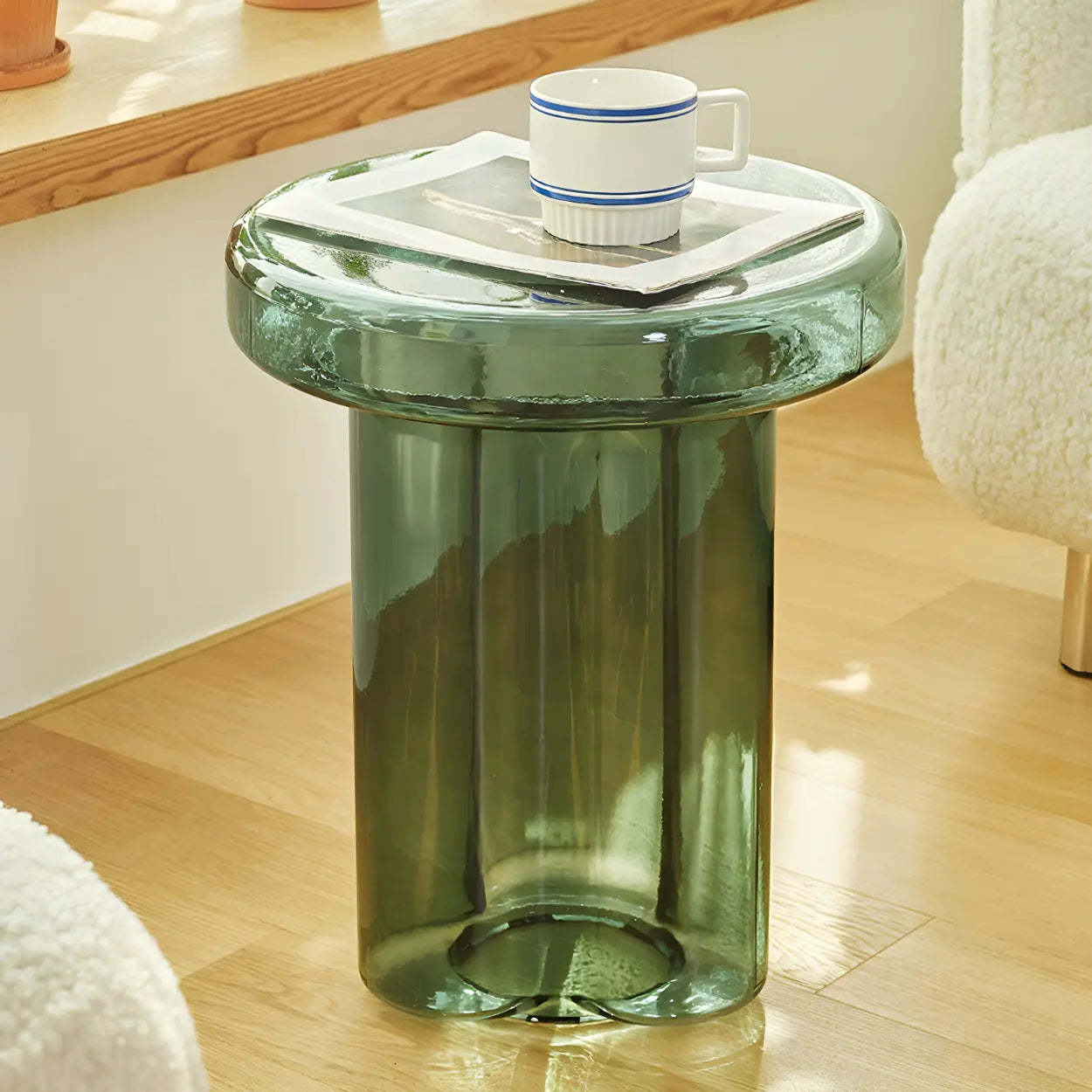 Round Green Glass Decorative Pedestal Side Table