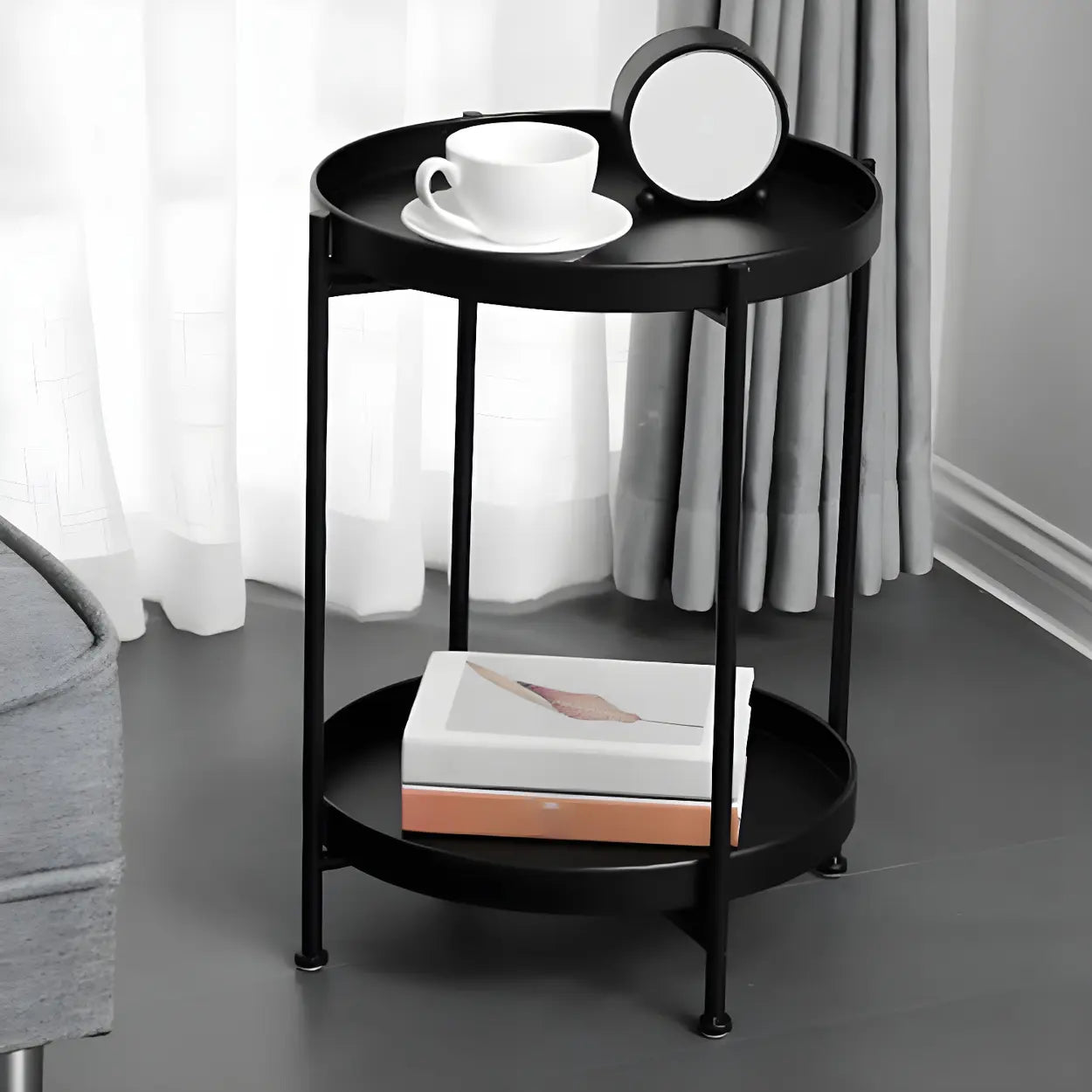 Round Black Iron Tray-Top Side Table with Shelf