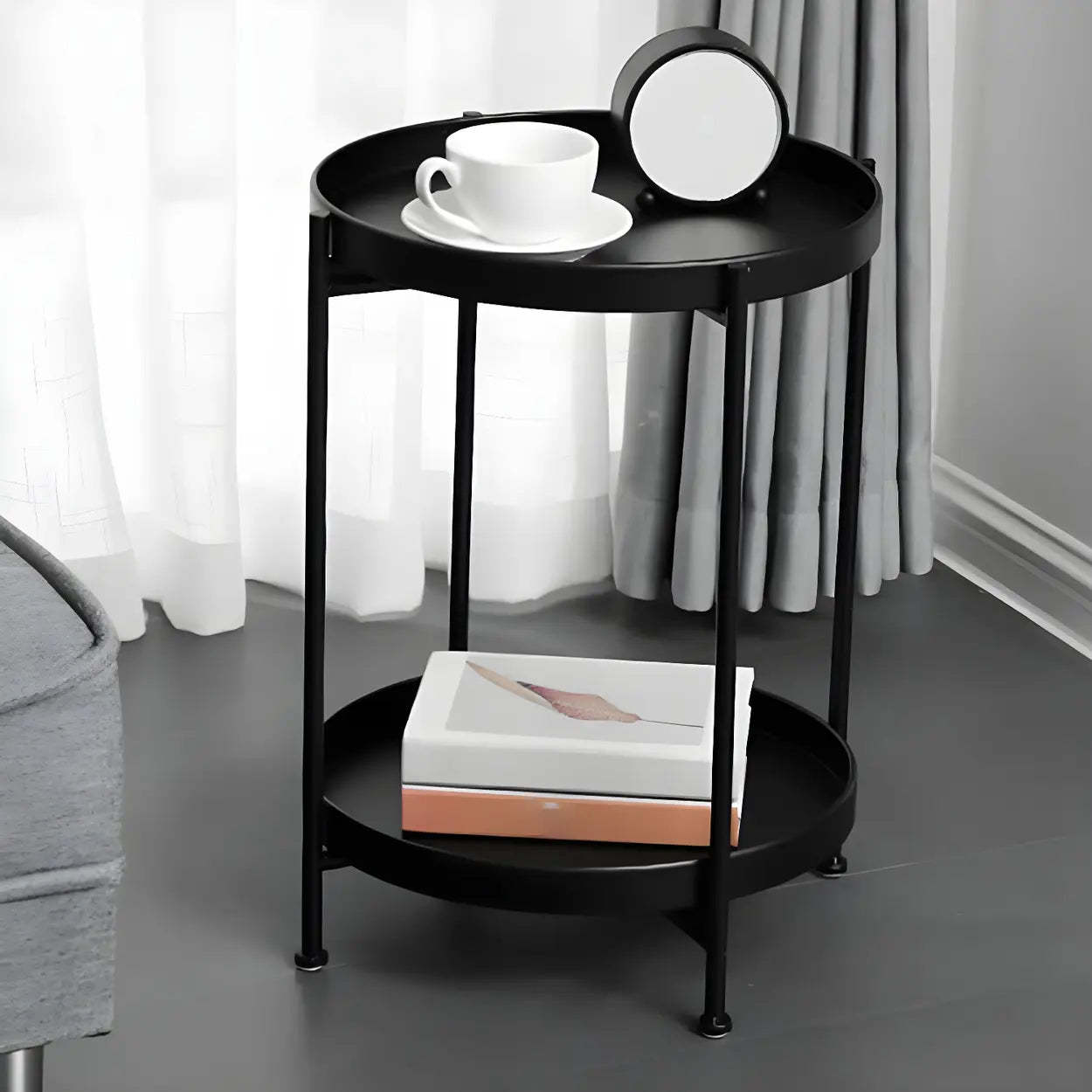 Round Black Iron Tray-Top Side Table with Shelf — Black / 1