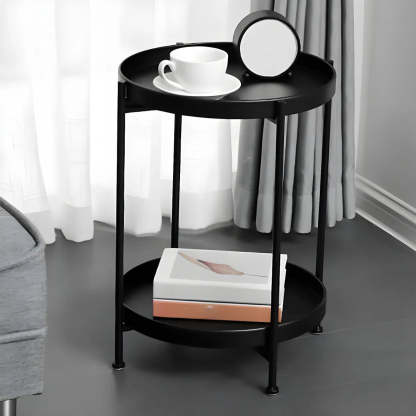 Round Black Iron Tray-Top Side Table with Shelf — Black / 1