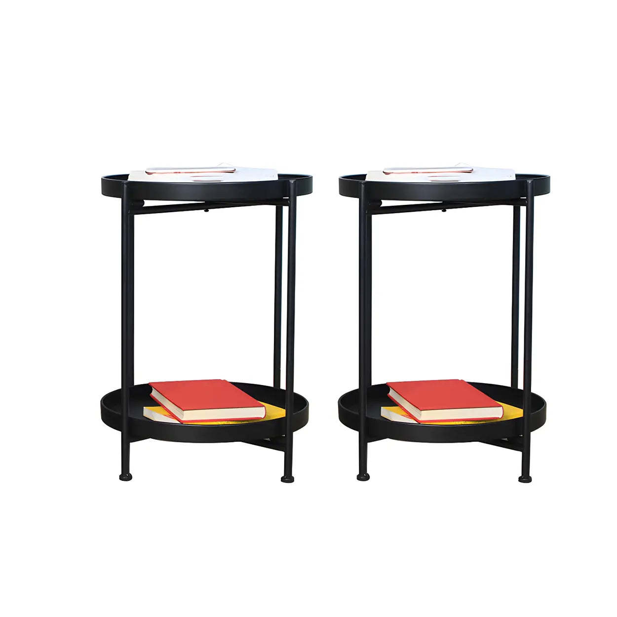 Round Black Iron Tray-Top Side Table with Shelf — White-Gold / 2