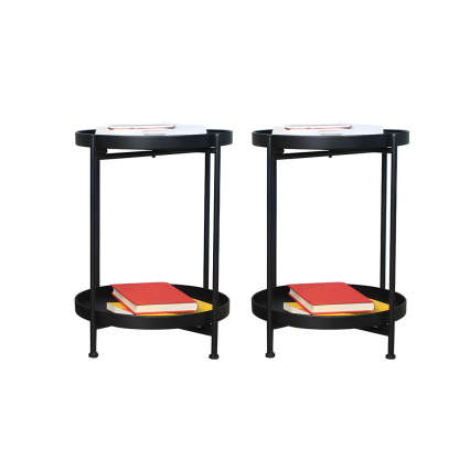 Round Black Iron Tray-Top Side Table with Shelf — White-Gold / 2