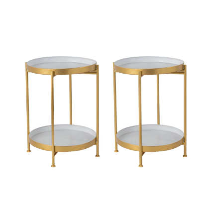 Round Black Iron Tray-Top Side Table with Shelf — Pink/ Gold / 2