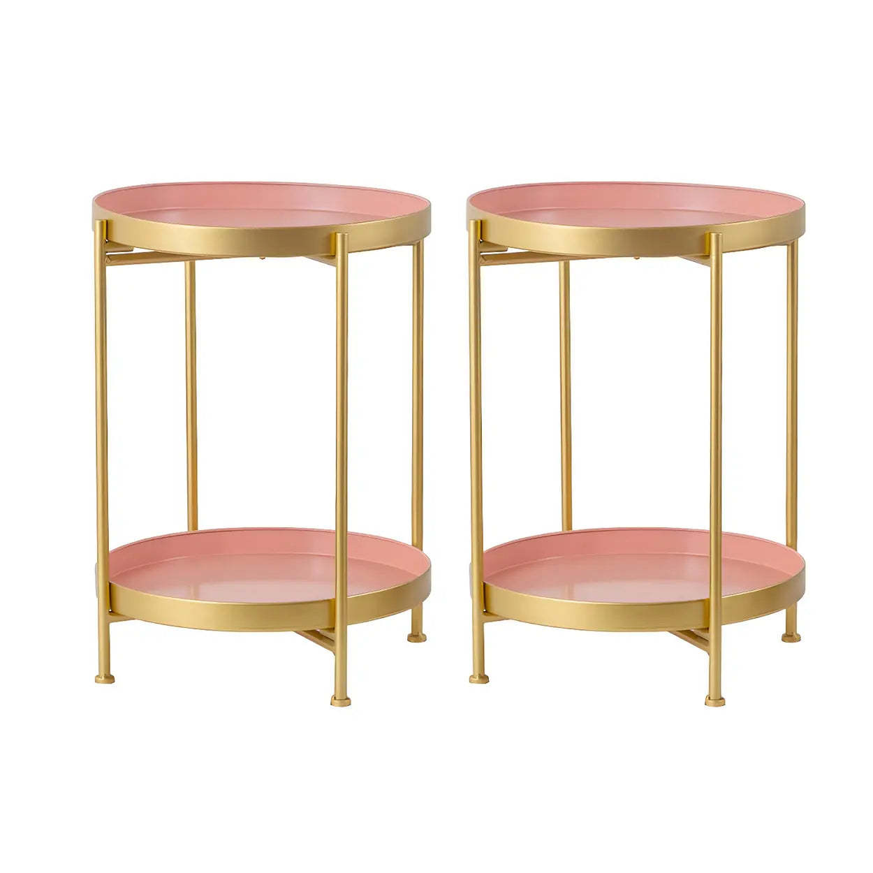 Round Black Iron Tray-Top Side Table with Shelf — Gold / 2