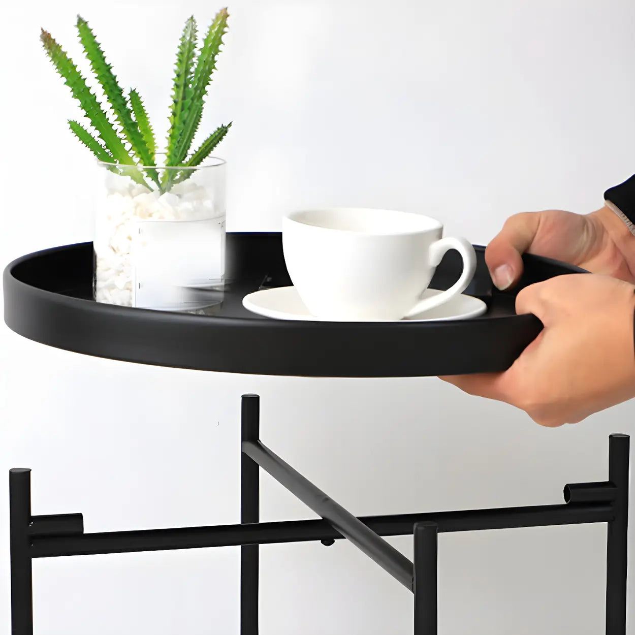 Round Black Iron Tray-Top Side Table with Shelf