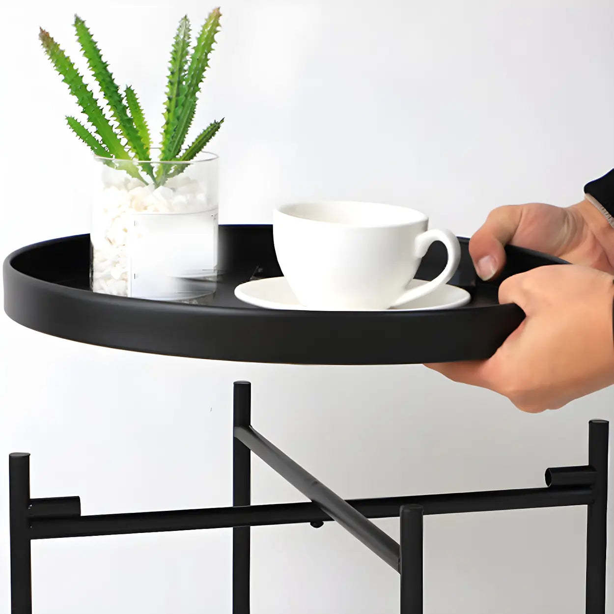 Round Black Iron Tray-Top Side Table with Shelf