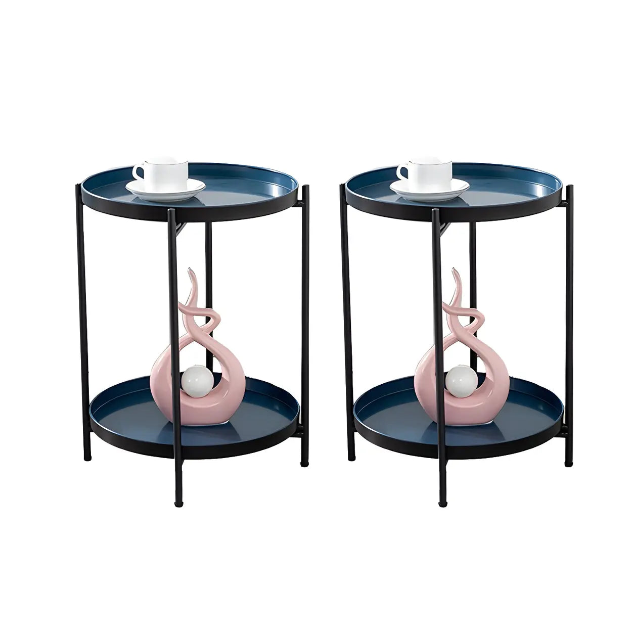 Round Black Iron Tray-Top Side Table with Shelf