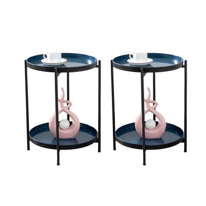 Round Black Iron Tray-Top Side Table with Shelf