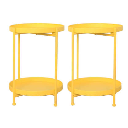 Round Black Iron Tray-Top Side Table with Shelf