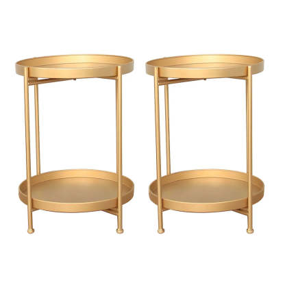 Round Black Iron Tray-Top Side Table with Shelf