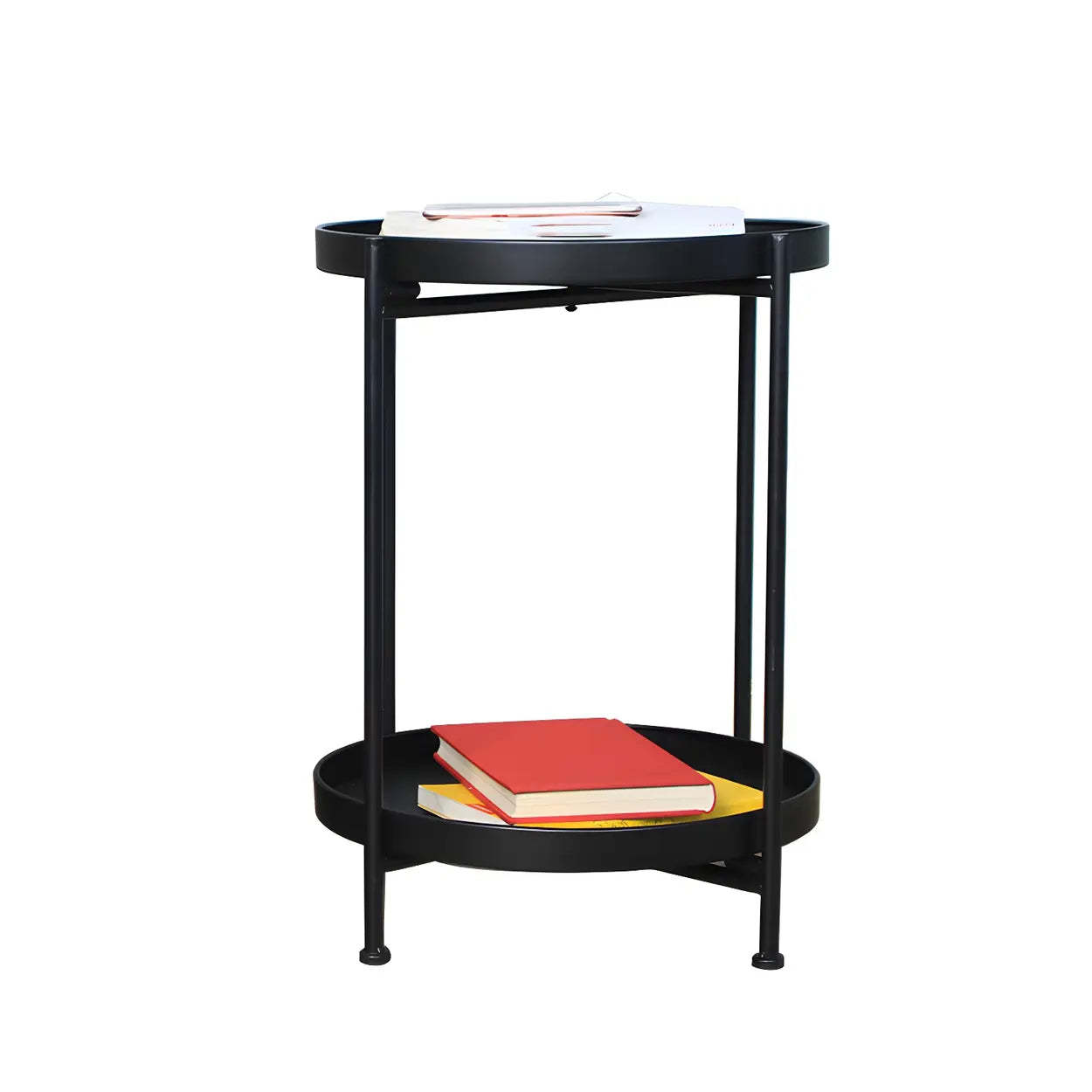 Round Black Iron Tray-Top Side Table with Shelf