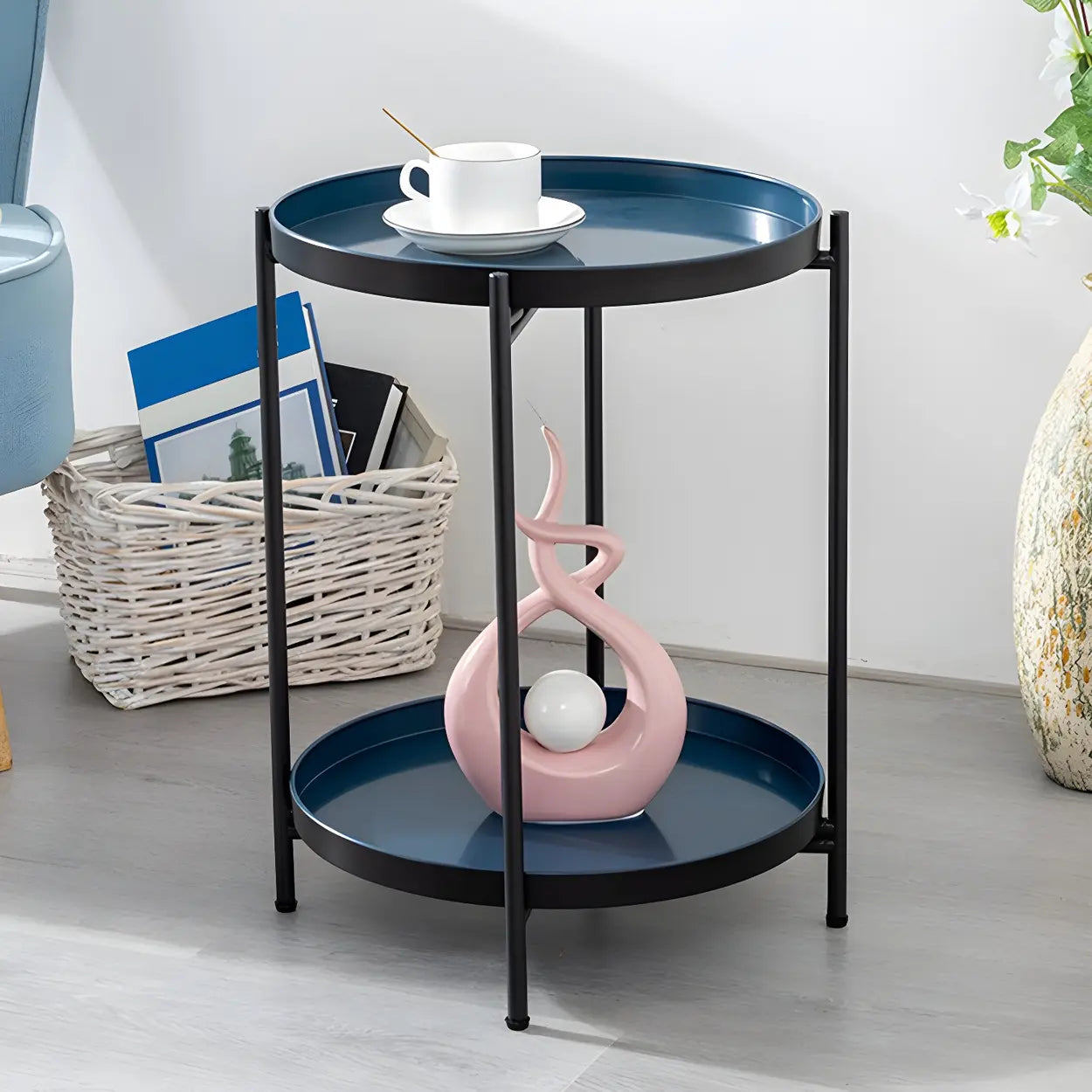 Round Black Iron Tray-Top Side Table with Shelf