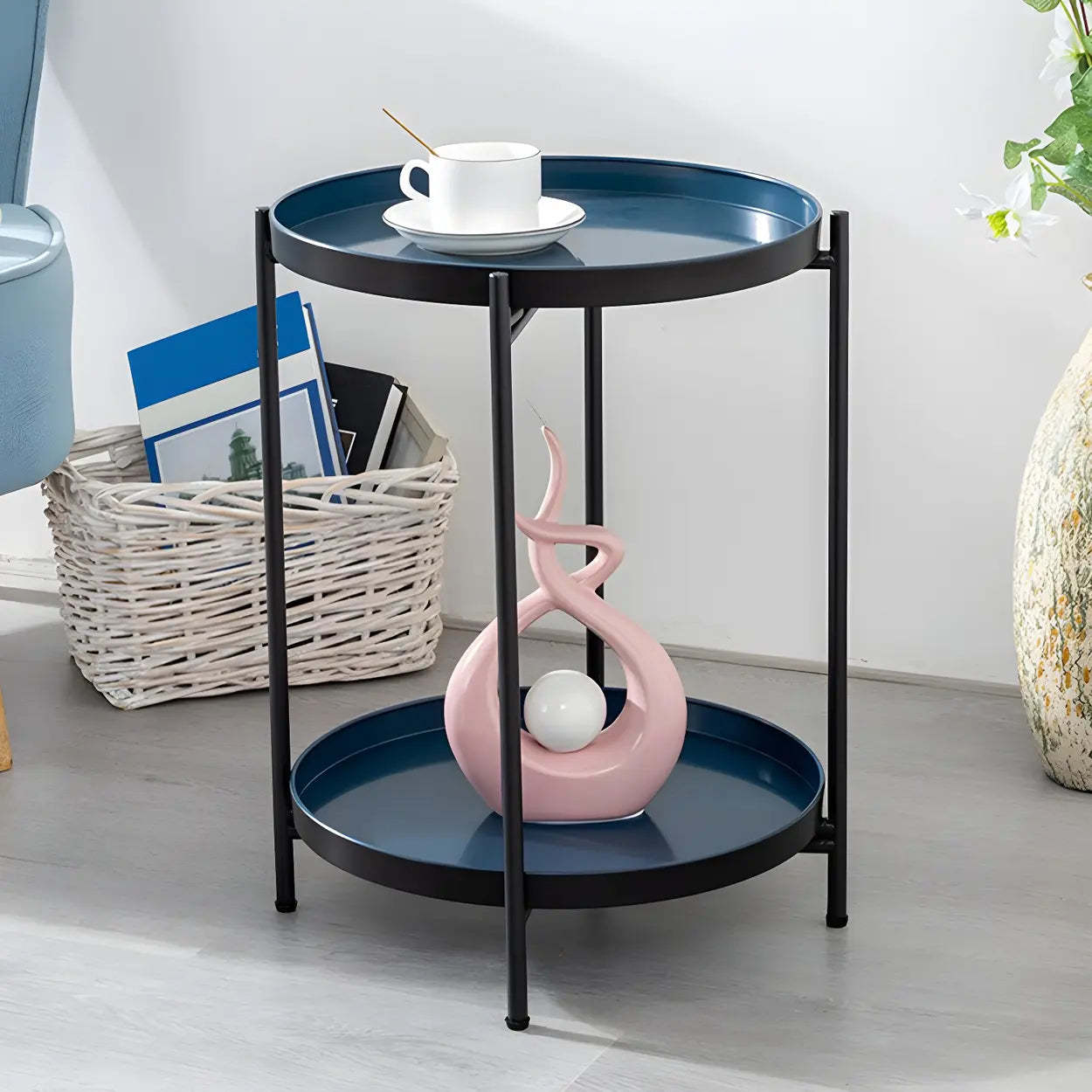 Round Black Iron Tray-Top Side Table with Shelf