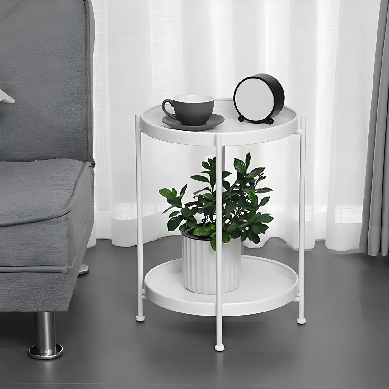 Round Black Iron Tray-Top Side Table with Shelf