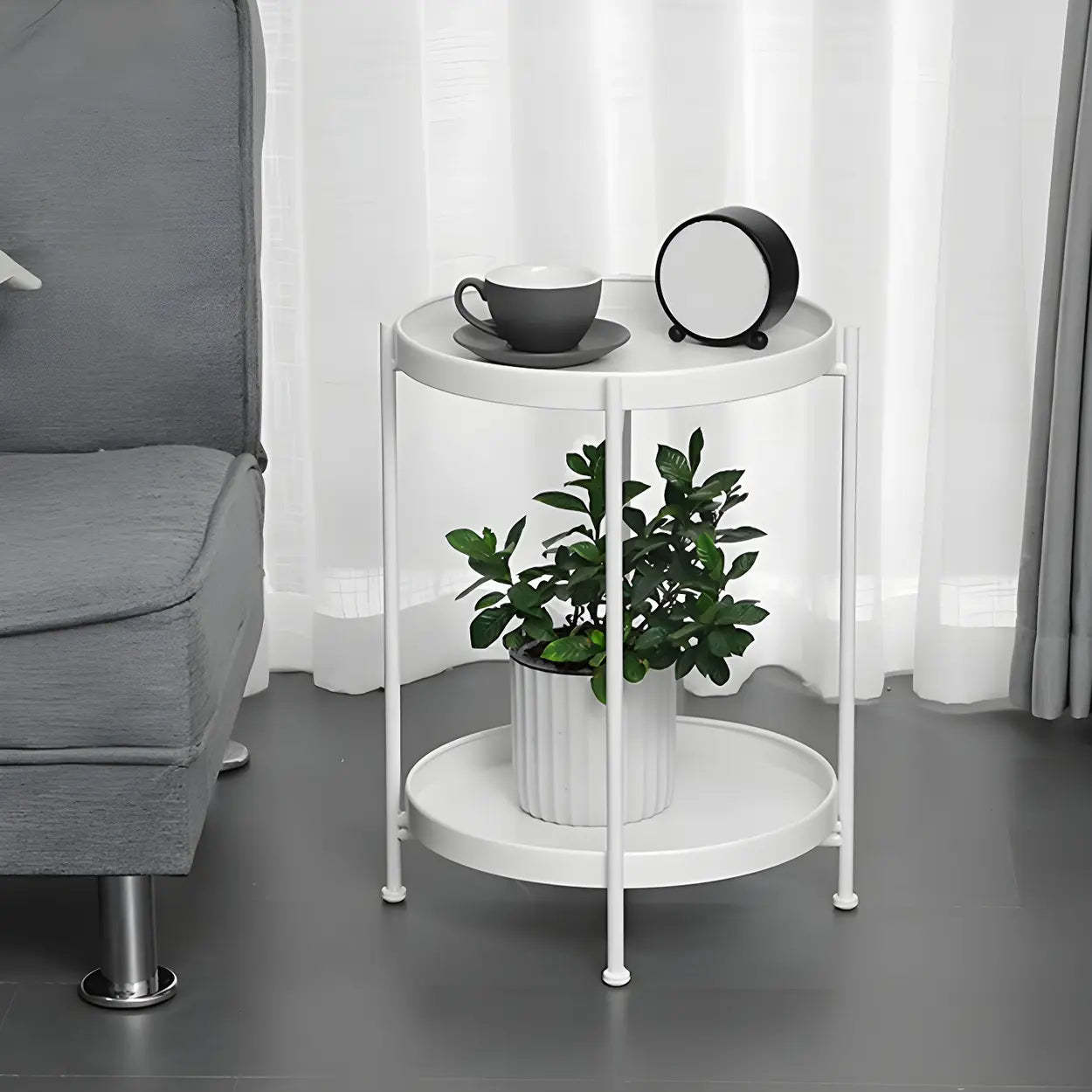 Round Black Iron Tray-Top Side Table with Shelf