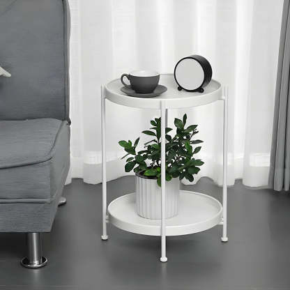 Round Black Iron Tray-Top Side Table with Shelf